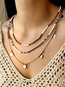 HOTNICE 3 PiecesBohemian Style Bead Necklace Set With Multiple Layers Of Collarbone Chains - Rice Bead Necklace - View 2