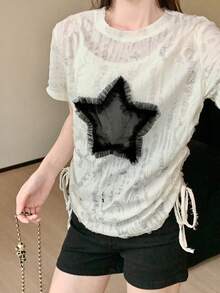 女士新款星形抽绳短袖 T 恤，夏季美式时尚设计专属小众上衣 - 杏色 - 查看 1