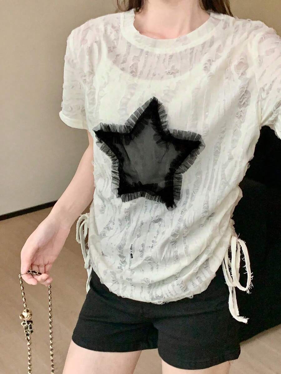 女士新款星形抽绳短袖 T 恤，夏季美式时尚设计专属小众上衣 - 杏色 - 查看 1