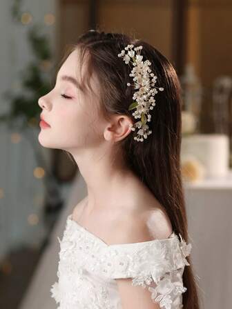 1pc Children's Headpiece, Girls' Hair Accessory Side Flower Headband, Princess Dress Hair Comb, Elegant For Dance, Show, Performance