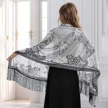 Women Shawl Wraps, Elegant Flower Tassels See-Through Long Scarf Shoulder Cover-Up For Dresses - Grey - View 3