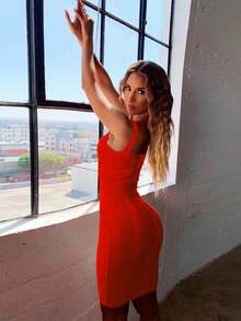 夏季优雅细肩带 V 领短款紧身连衣裙女式罗纹绷带连衣裙性感红色夜间外出鸡尾酒会连衣裙 - 紅色 - 查看 9