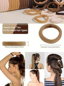 20pcs/50pcs/100pcs/200pcs/Set Black & Colorful High Elastic Hair Ties, Minimalist Seamless Ponytail Holders, Solid Color Stretchy Hair Bands For Women, Comfortable , Essential For Home & Travel Hair Accessories - Rice Coffee - View 5
