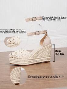 女士纯色简约系带帆布鞋，度假米色绒面革草编平底鞋，黑色坡跟厚底一脚蹬波西米亚编织系带沙滩/婚礼户外凉鞋，四季皆宜 - 杏色 - 查看 4