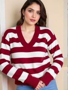 TRICOZHU Knitted Long Sleeve Striped Blouse V-Neck Striped V-Neck Blouse Polyester With Elastane Ribbed Collar And Cuff ONE SIZE 36-44 - Redwood - View 2