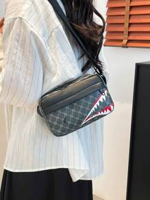 Stylish Men Casual Plaid Shoulder Sports Sling Bag, Fashionable Crossbody Square Man Bag, Unique Shark Mouth Design Luxury Bags Small Bag For Men Body Bag For Men Side Bag