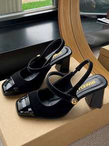 2025年春季新款法式复古黑色玛丽珍高跟鞋，复古方头粗跟露跟鞋，优雅 - 黑色 - 查看 10