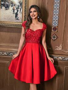 Faeriesty 优雅女士甜心领晚礼服，闪亮亮片与缎面撞色，尽显奢华质感，完美适用于红毯、盛大晚宴、婚礼及奢华派对，包括婚宴、化装舞会、神秘花园派对、正式晚宴、黑领结活动、毕业典礼及生日派对等场合，亦可作为春季或夏季连衣裙穿着。 - 紅色 - 查看 7