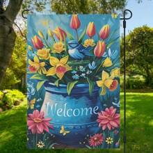 2D Hanging Banner, 1pc Welcome Spring Summer Garden Flag, Double-Sided Polyester Burlap Outdoor Banner, Multipurpose Home Garden Decor, 12x18 Inch, With Flower Pot And Bird Design, No Electricity Needed, Outdoor Yard Decoration