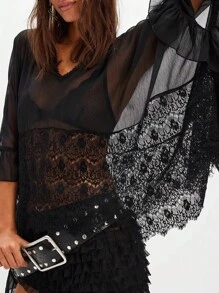 Camisa de mujer con mangas largas, lazo frontal, volantes y encaje en la Bottom, escote en V transparente, estilo boho, campesina y de playa