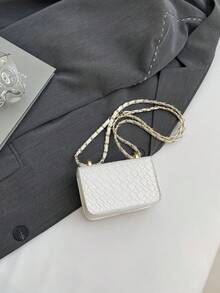 迷你方形包，编织纹理，绗缝，新款女士手提包，菱形图案，高品质缝线，单肩包，编织链带，翻盖，小包，口红袋，可爱斜挎包，配饰袋 - 白色 - 查看 9