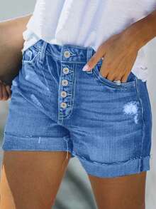 Women Casual Washed Buttoned Ripped Denim Shorts - Light Wash - View 2