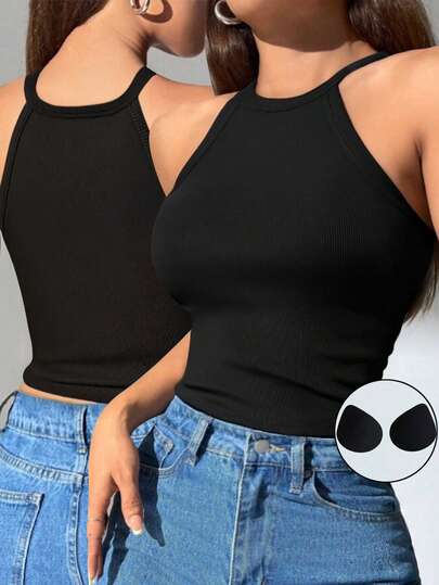 1 件纯色罗纹休闲舒适超简单休闲常规休闲休闲运动休闲浪漫法式无袖常规背心，带胸垫，健身