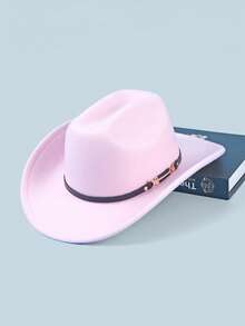 1pc Unisex Solid Color Woolen Cowboy/Cowgirl Hat With Leather Belt Buckle Decor, Versatile Novelty Gifts, Wide Brim Fedora Hats Suitable For Western Themed Parties, Engagements, Graduations, Performances, Celebrations - Top Hat - View 13