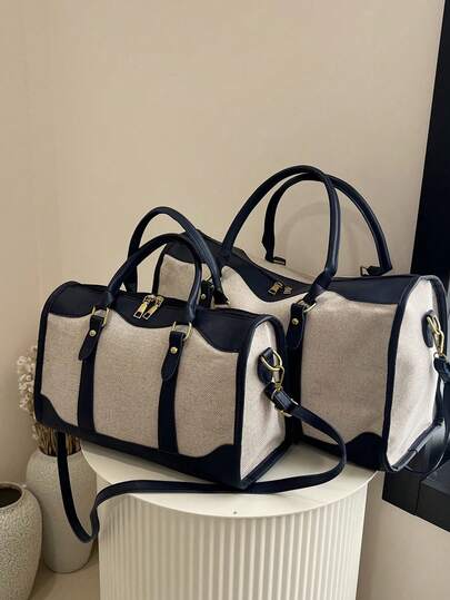 1 件帆布撞色拼布时尚行李袋，男女通用旅行行李袋，适合过夜、通勤、短途旅行（小号适合通勤，大号适合短途旅行）学校包学校配件学校用品