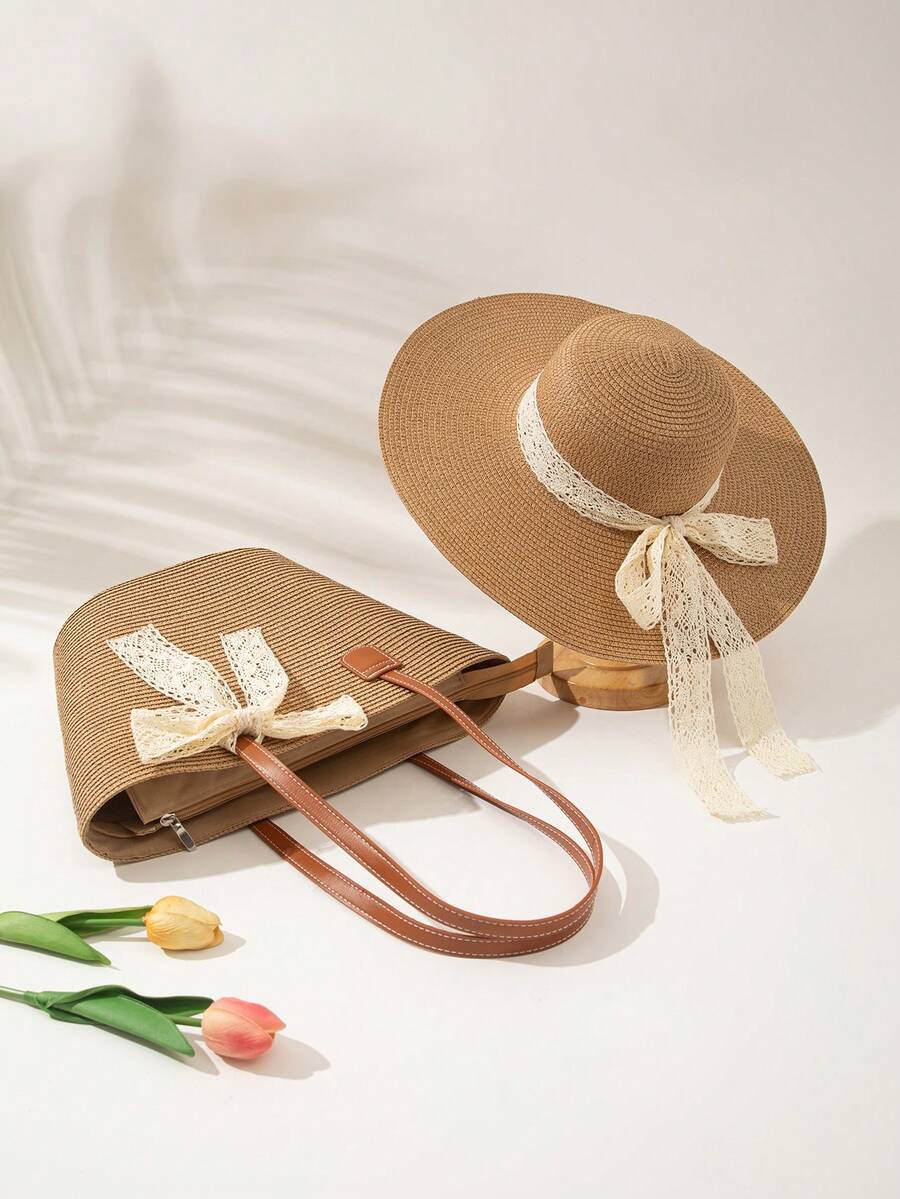 1pc Hat + 1pc Bag, Suitable For Vacation Wear - Khaki - View 1