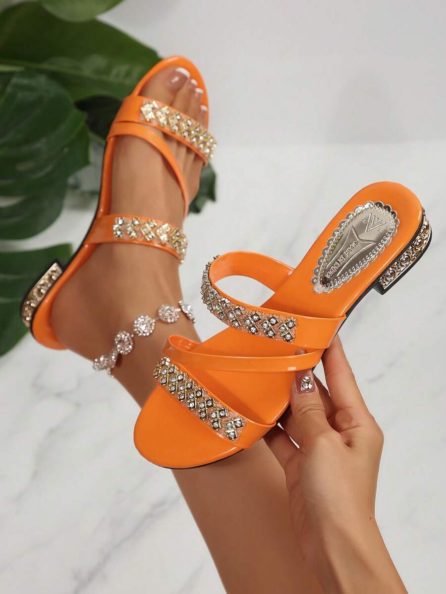 女士平底凉鞋，二合一水钻闪光夏季拖鞋，时尚户外服装 - 橘色 - 查看 1