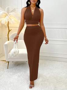 2Pcs Solid Color Deep V-Neck Backless Tied Cropped Vest Top & Slim Pleated Side Slit Long Skirt, Fashionable Two Pieces Set - Brown - View 3