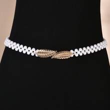 1 Stück Damen Gürtel mit kleinen Blättern aus Legierung, Schnalle aus elastischem ABS-Kunststoff mit Perlen, verstellbar, passend für Kleider und für den täglichen Gebrauch