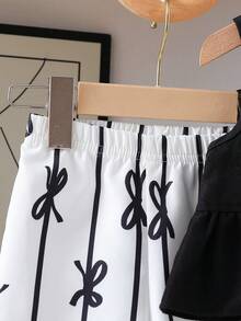 女婴休闲优雅黑色荷叶边拼接不对称上衣和蝴蝶印花阔腿裤套装，适合户外穿着 - 黑色 - 查看 6