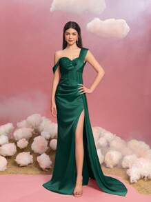 Teen Girls' One-Shoulder Formal Evening Gown With High Slit, Side Ribbon Accent & Elegant Fish-Tail Hemline – Perfect For Red Carpet Galas, Black Tie Affairs, Ceremonial Attire, And Pageant Events
