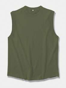 Camiseta de tirantes casual holgada de talla grande para hombres de color liso y cuello redondo - Verde militar - Ver 3