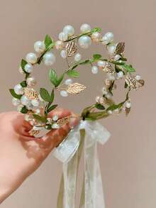 1pc Pastoral Style Ribbon & Faux Pearl Headband, Delicate Green Leaf Floral Wreath Headdress For Bridal Wedding Hair Accessories