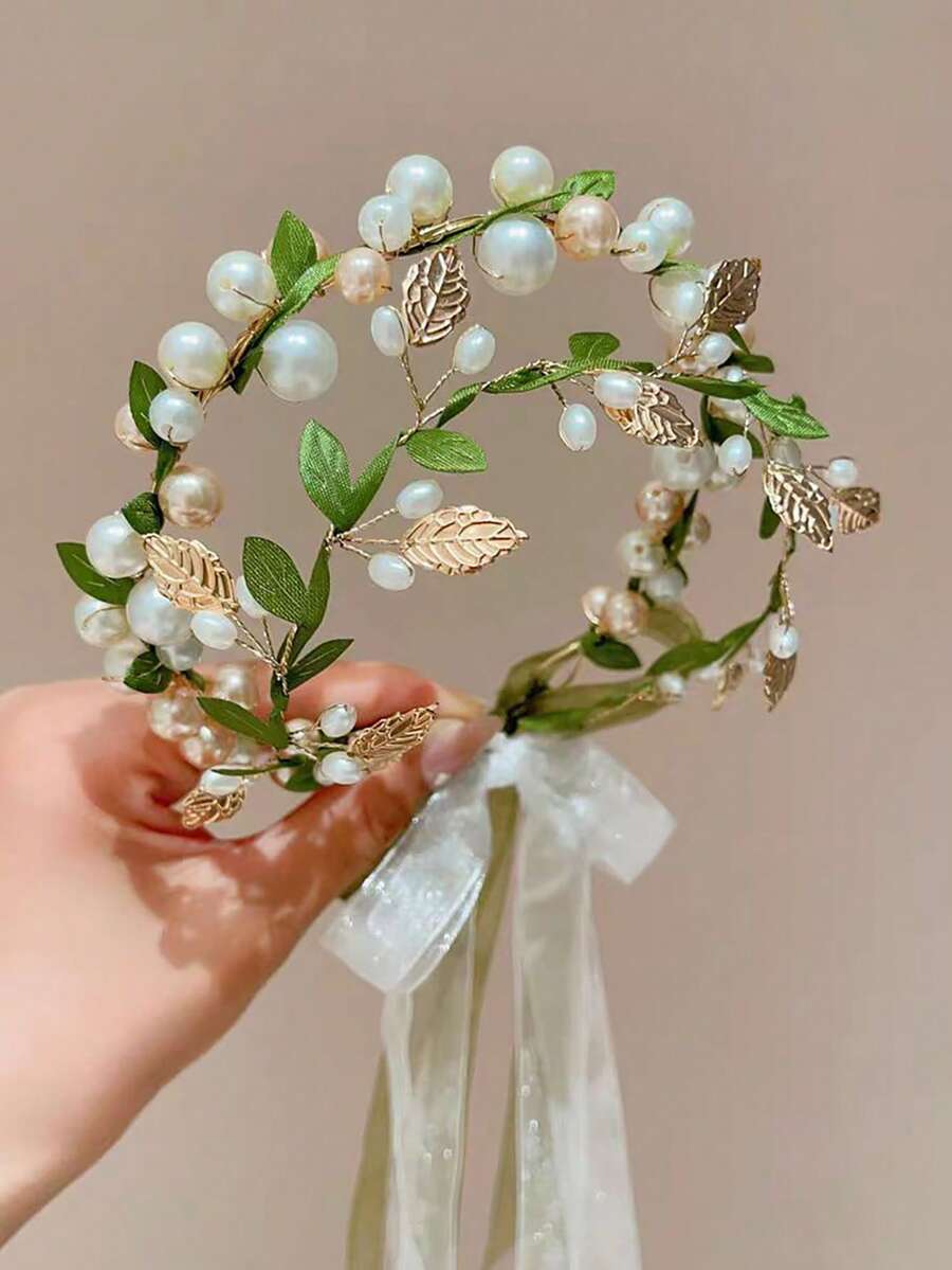 1pc Pastoral Style Ribbon & Faux Pearl Headband, Delicate Green Leaf Floral Wreath Headdress For Bridal Wedding Hair Accessories