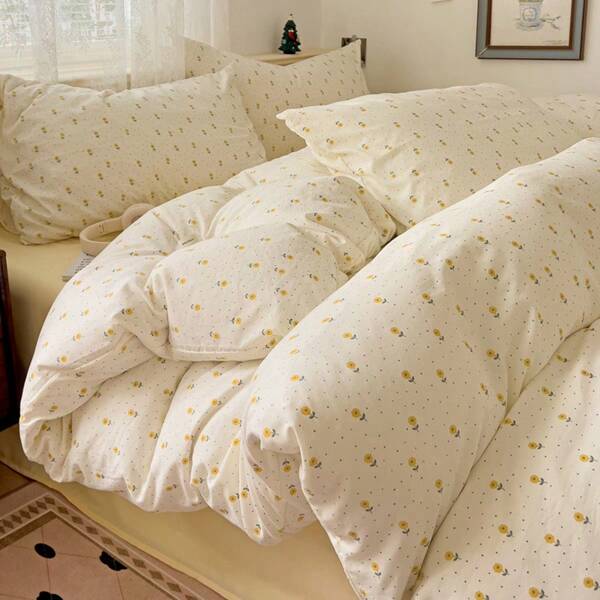 3/4pcs Bedding Set, Yellow Floral Print Duvet Cover, Soft & Comfortable, Zipper Closure, Suitable For Dorm, Bedroom, Black Polka Dot Print Bed Set With Fresh Flower Pattern, All Season (Includes 1 Duvet Cover, 1 Bed Sheet, 1 Or 2 Pillow Cases, No Filler)