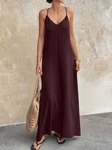 Doriss 女士露背串珠度假纯色吊带裙