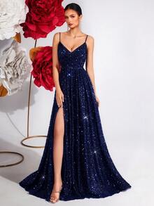 ADYCE 女士优雅亮片吊带V领高腰开衩A字裙，露背吊带及地派对礼服，适合舞会、生日派对、晚宴、约会、返校节派对、婚礼宾客、正式晚宴、家庭聚会、节日、情人节等场合。 - 藏蓝色 - 查看 1