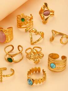 1 pieza Anillo de acero inoxidable con flor dorada y forma de corazón con gema falsa, apto para uso diario para mujeres