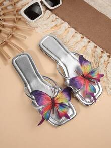 Flat Floral Strap Slide Sandals For Women, New Summer Fashion Dress Slippers, Elegant & Fresh, Suitable For Dates, Parties, Commute, Shopping, Gatherings, Beach - Silver - View 7