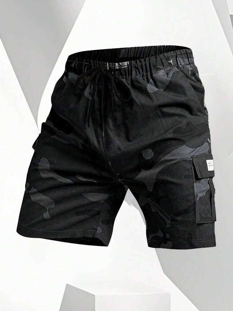 1 件迷彩工装休闲短裤，男士户外运动及膝宽松短裤 - 黑色 - 查看 2