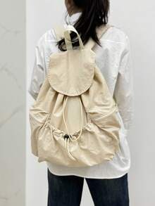 2025 New Drawstring Pleated Casual Backpack, Practical Large Capacity Student Book Bag For Men/Women, Back To School, Water-Repellent Nylon, Multiple Colors Available, School Supplies, School Backpack, School Bag, Backpack For School, Back To School Backpack, School Bookbag, Big Backpack, Backpack School, Back To School Bags, Waterproof, Lightweight, Portable, Foldable, Classic Casual, Suitable For Teen Girls Women College Students, Perfect For Back To School, First Day Of School, Middle School, High School - Beige - View 9