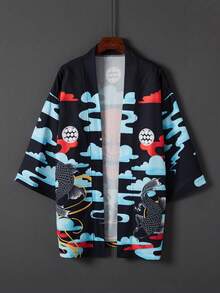 Japanese Fashion Demon Print Kimono Cover Up, Creative Street Style Cosplay Beachwear Cover Up For Summer Holiday - Black - View 2