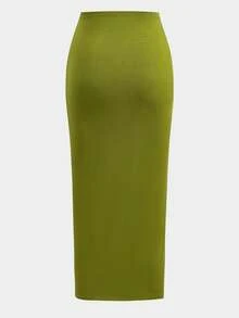 Casual Women's Ruched Two Pieces Outfit Round Neck Sleeveless Top With Split Thigh Skirt Slight Stretch - Green - View 4