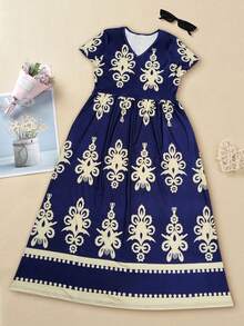 Nuevo vestido de manga corta con cuello en V elegante y de moda con estampado integral - Azul Marino - Ver 2