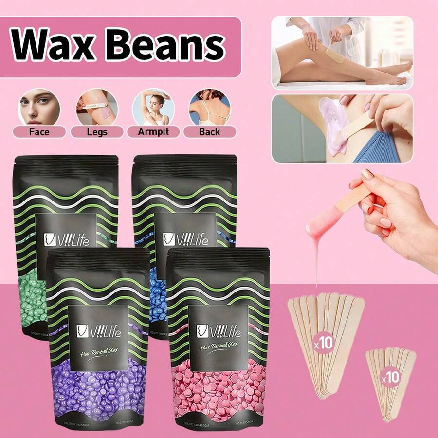 Viilife Painless Hard Wax Beads For Hair Removal Kit- 50g*4+20pcs Sticks, Ideal For Full Body, Brazilian, Bikini, Face & Legs - Suitable For All Skin Types, At-Home Use For Women & Men - Multicolor - View 1