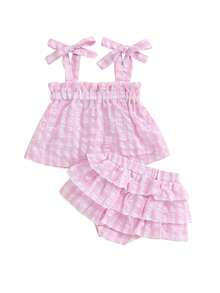 Newborn Baby Girls Summer 2pcs Outfit Plaid Tie Shoulder Sleeveless Ruffle Camisole Crop Top + Elastic Waist Shorts Set - Hồng - Xem 1