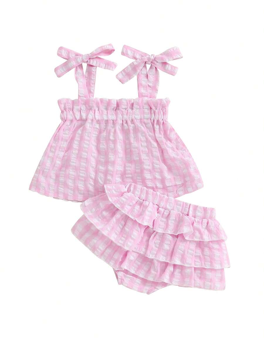 Newborn Baby Girls Summer 2pcs Outfit Plaid Tie Shoulder Sleeveless Ruffle Camisole Crop Top + Elastic Waist Shorts Set - Hồng - Xem 1