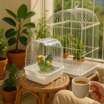 Fågelbadbur för papegojor, fågelbadrum för utomhusbruk, fågelmatningsbur för hamstrar, dagliga nödvändigheter för hamstrar, tillbehör för upphängning av fåglar, fågeltillbehör för husdjur, fågelbur i PVC, halkfri botten, enkel installation, perfekt för papegojor och småfåglar, perfekt present till fågelälskare