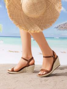 Women's Open Toe Espadrilles Wedge Sandals  With Adjustable Buckle Ankle Strap And Soft Footbed Vacation Shopping Summer Dressy Sandals - màu nâu - Xem 3