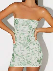 Sequin Beaded Floral Dress Sexy Women Strapless Tube Dress Y2K Off The Shoulder Mini Dress Sparkly Glitter Bodycon Short Dress Bandeau Dress Party Clubwear - 綠色 - 查看 5