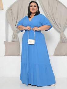 Plus Size Long Dress V Neck Short Sleeve - Baby Blue - View 3
