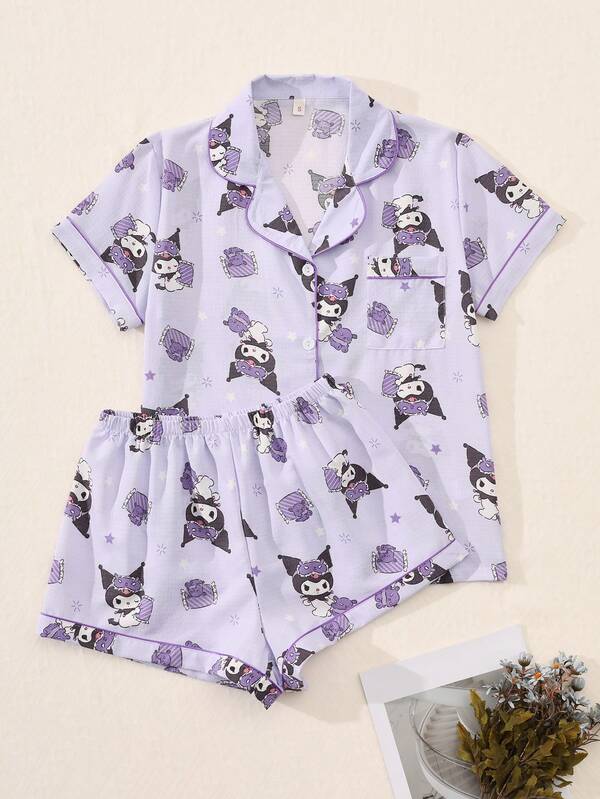 Sanrio Sanrio Authorized 2Pcs/Set Women's Hello Kitty Printed V-Neck Button Short Sleeve Single-Breasted Top And Bow Pants Pajama Set,Summer Pajama Set, Comfortable For Home Use