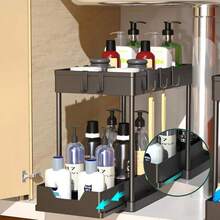 1 pezzo Organizer a 2 ripiani per sotto il lavandino, 1 pezzo Organizer per spazi stretti, Organizer multifunzione per lavello per bagno e cucina, Organizer a 2 ripiani scorrevole per sotto il lavandino, Cestello organizer scorrevole per mobile, Portaoggetti con ganci per tazze, Organizer per bagno e cucina sotto il lavandino con doppi cassetti scorrevoli