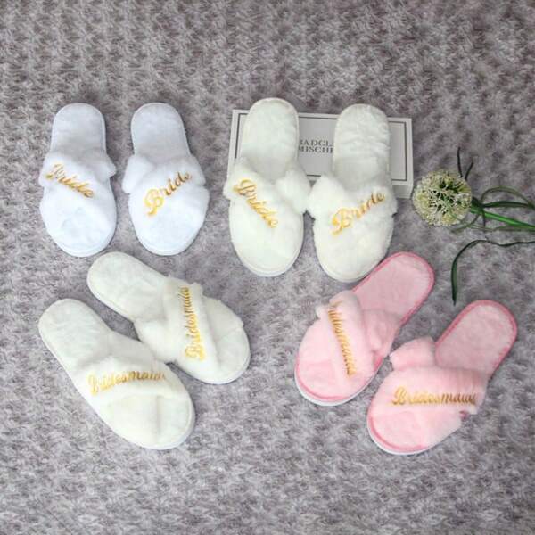 A Pair Bridal Party Cross Strap Slippers Set Wedding Party Bridesmaids Indoor Slippers Plush Slippers Women Home Indoor Floor Non-Slip Open Toe Slippers Bachelor Party Slippers Summer Birthday Gifts Beach Back To School School Supplies Room Decor