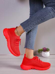 Women's Fashion Bohemian Style Round Toe Knit Lace-Up High Elastic Breathable Non-Slip Casual Sneakers - Rose Red - View 6