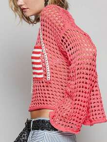 Women's American Flag Crochet Sweater Long Sleeve Hollow Out Lightweight Knit Hoodie 2025 Summer Beach Cover Up Tops - 紅色 - 查看 3